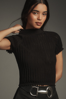 By Anthropologie Mock-neck Pointelle Ruffle-trim Sweater Tee