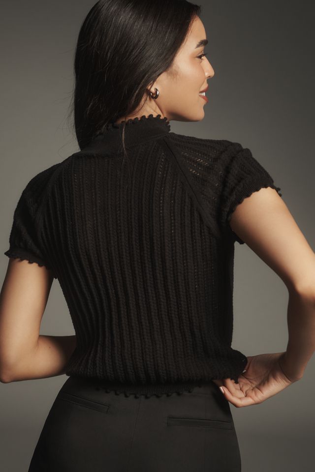 By Anthropologie Mock-Neck Pointelle Ruffle-Trim Sweater Tee #1