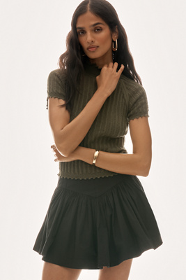 By Anthropologie Mock-neck Pointelle Ruffle-trim Sweater Tee