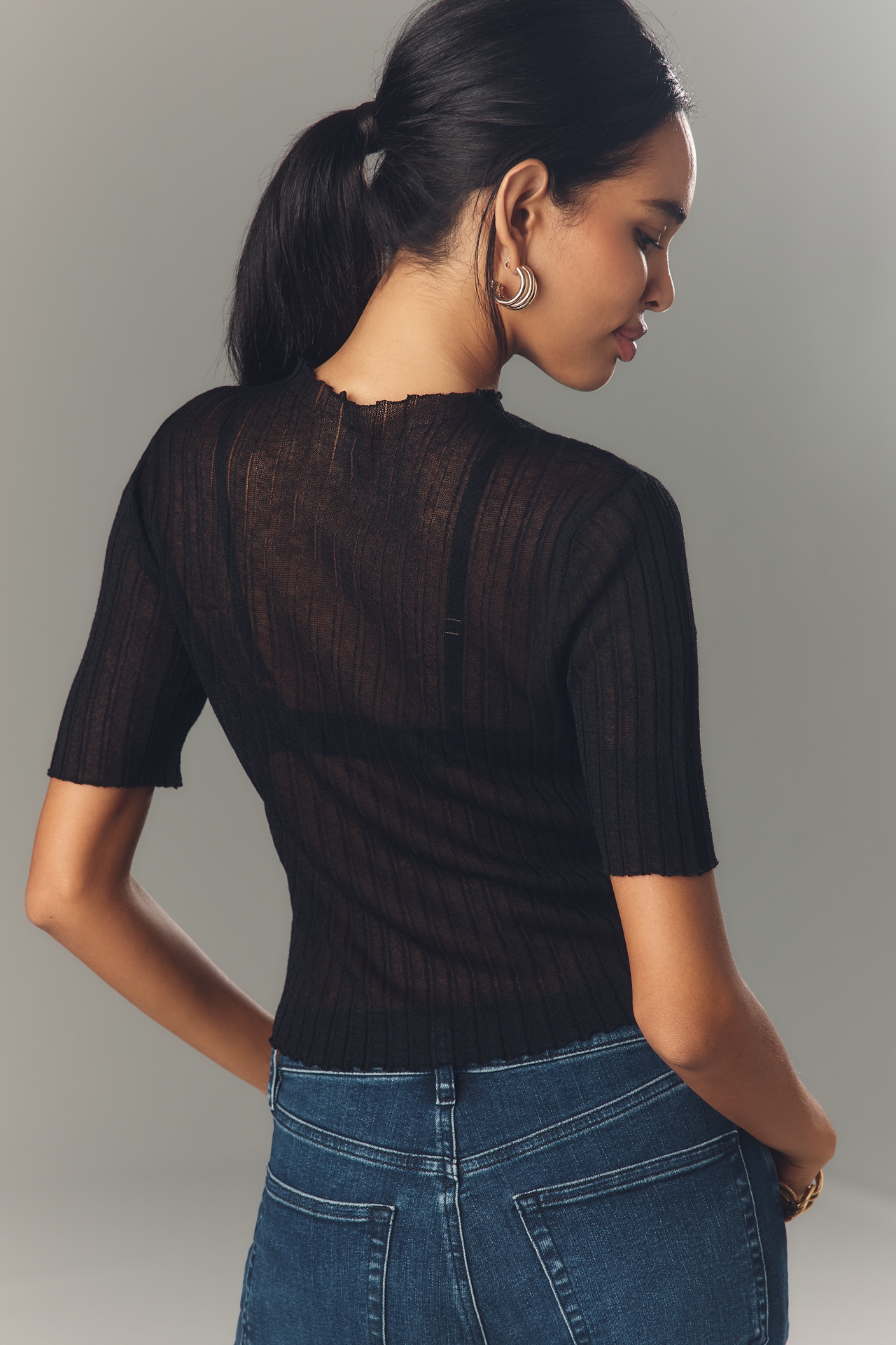 By Anthropologie Short-Sleeve Mock-Neck Sheer Sweater