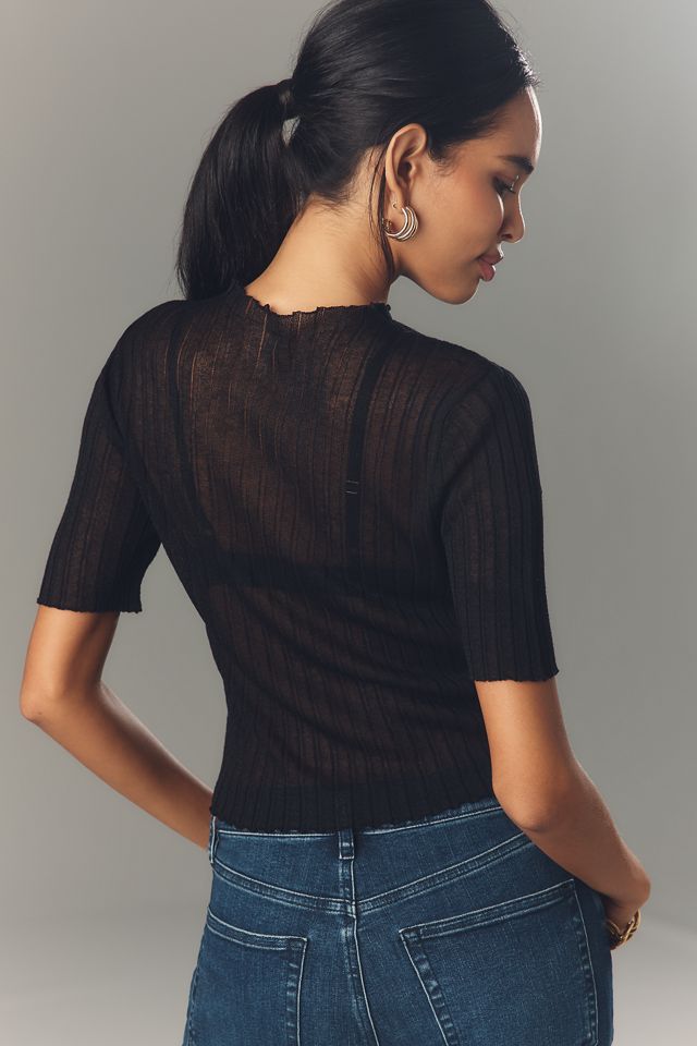By Anthropologie Short-Sleeve Mock-Neck Sheer Sweater #2