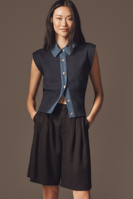 Maeve Collared Denim Muscle Sweater Vest In Multi