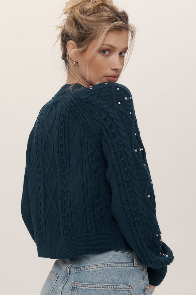 Maeve Gem-Embellished Cable-Knit Cardigan Sweater #1