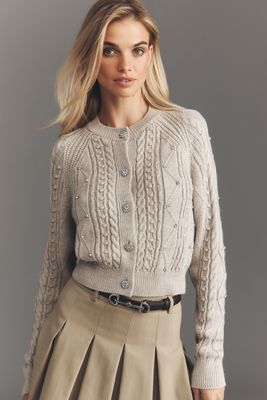 Maeve Gem-Embellished Cable-Knit Cardigan Sweater