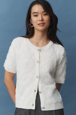 Maeve Short-Sleeve Floral Embellished Cardigan