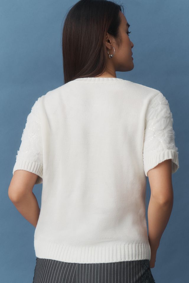 Maeve Short-Sleeve Floral Embellished Cardigan Sweater #1