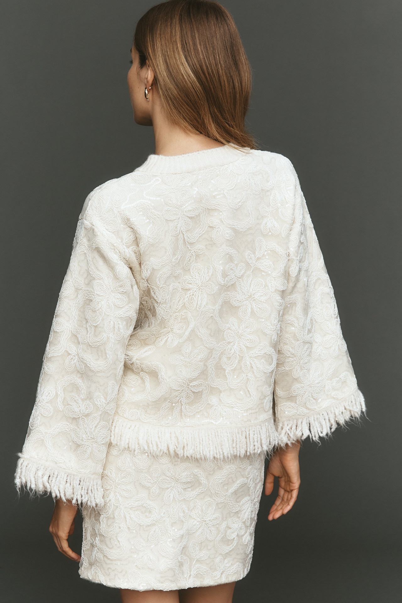 Maeve Shimmer Fringe Boxy Long-Sleeve Top