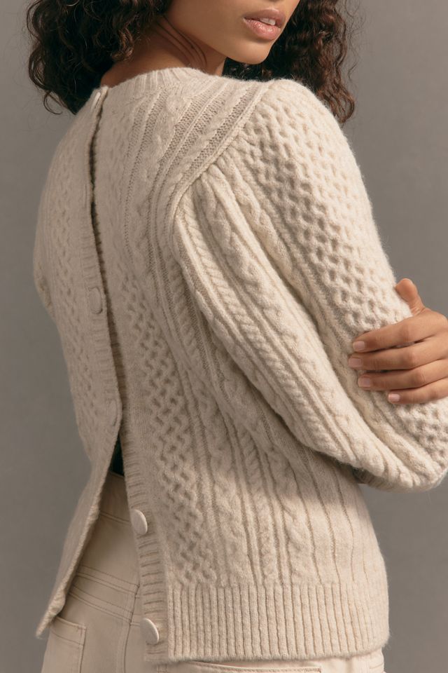 Maeve Puff-Sleeve Crew-Neck Cable-Knit Sweater #1