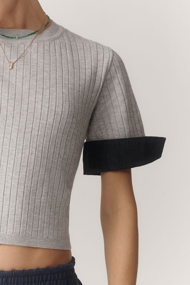 Maeve Fitted Mixed-Media Denim Cuffed Short-Sleeve Sweater #1