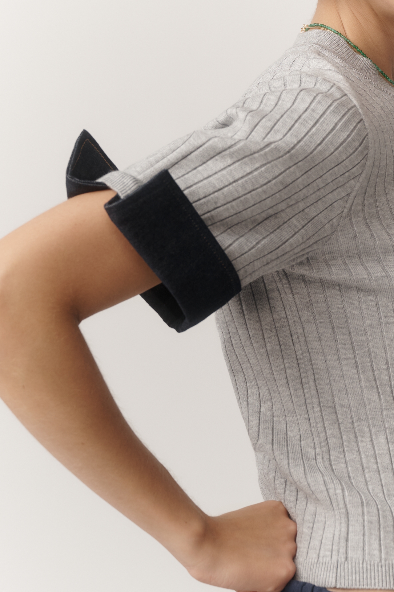 Maeve Fitted Mixed-Media Denim Cuffed Short-Sleeve Sweater