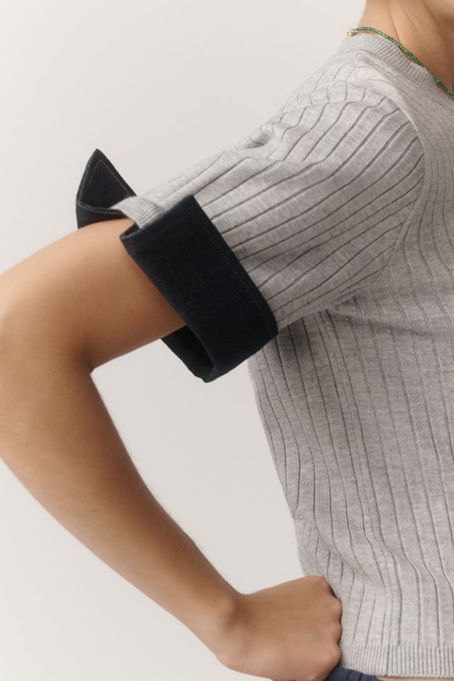 Maeve Fitted Mixed-Media Denim Cuffed Short-Sleeve Sweater #2