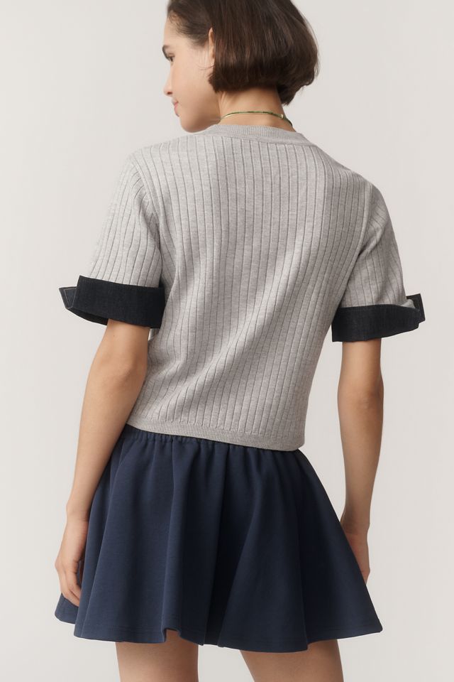 Maeve Fitted Mixed-Media Denim Cuffed Short-Sleeve Sweater