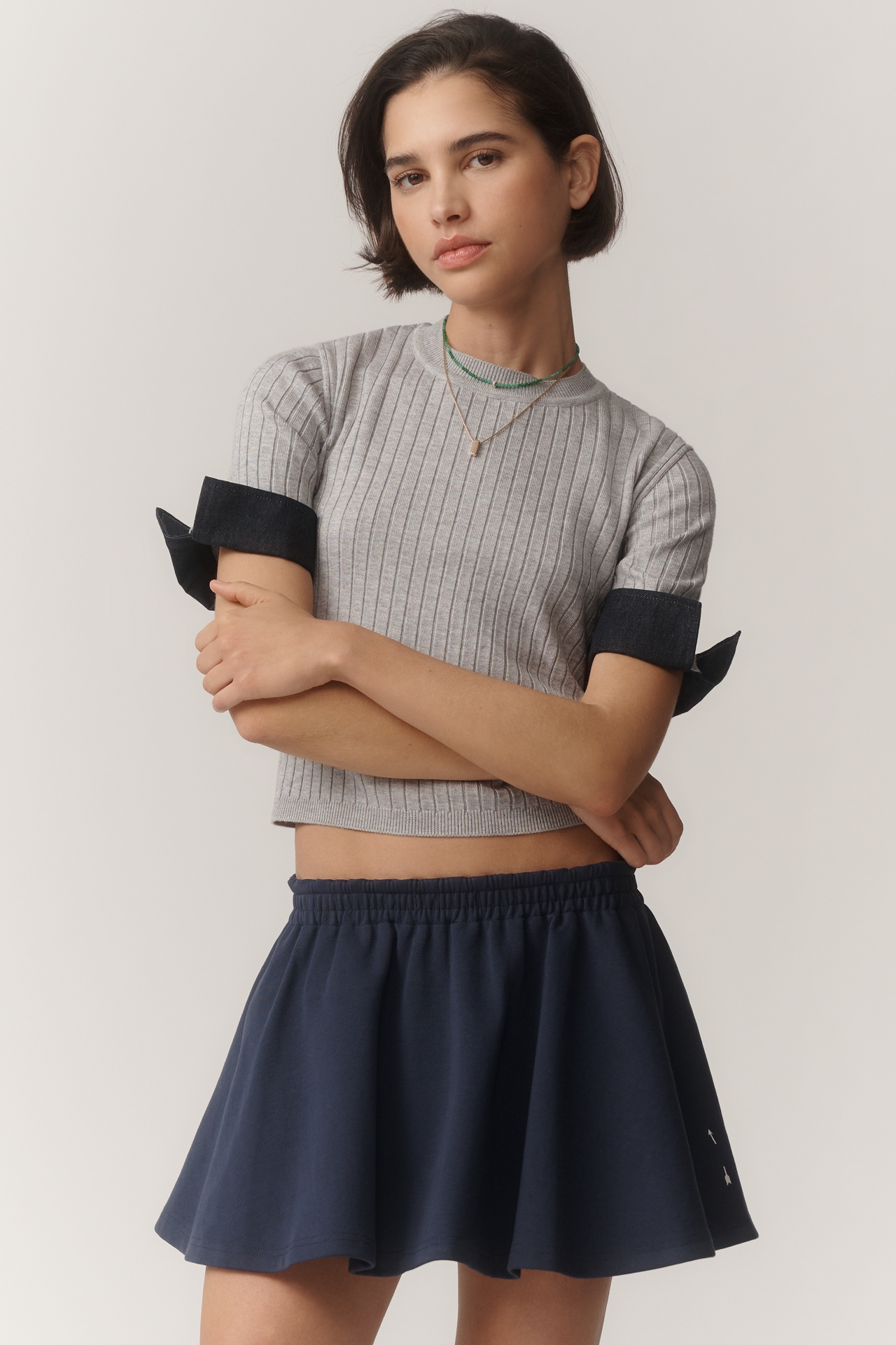 Maeve Fitted Mixed-Media Denim Cuffed Short-Sleeve Sweater