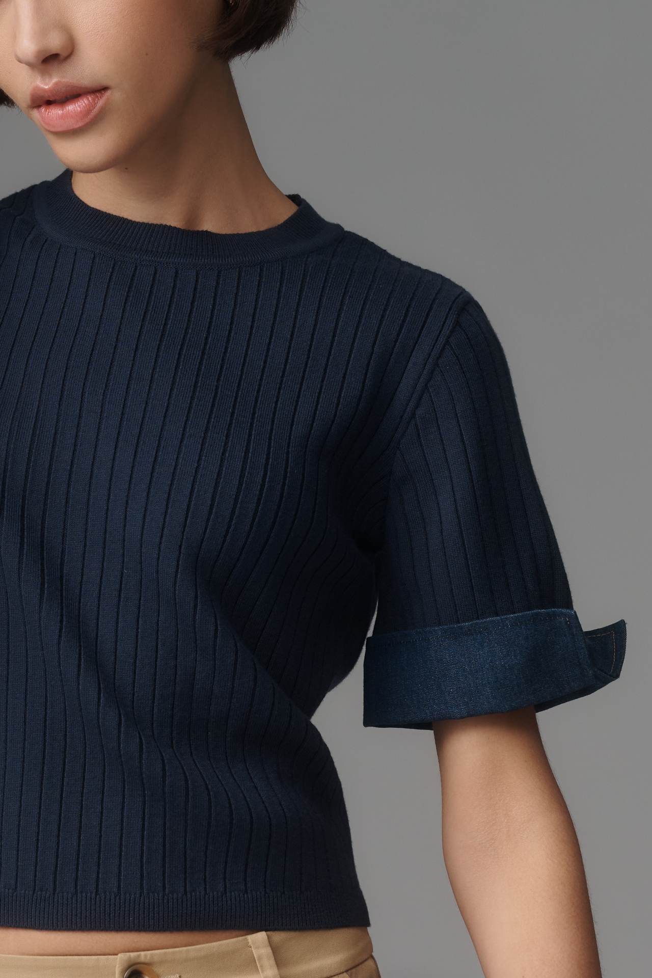 Maeve Fitted Mixed-Media Denim Cuffed Short-Sleeve Sweater
