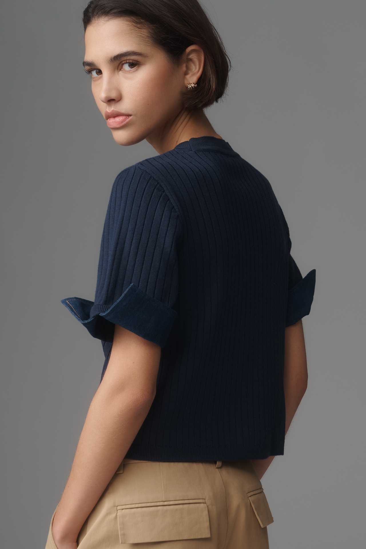 Maeve Fitted Mixed-Media Denim Cuffed Short-Sleeve Sweater