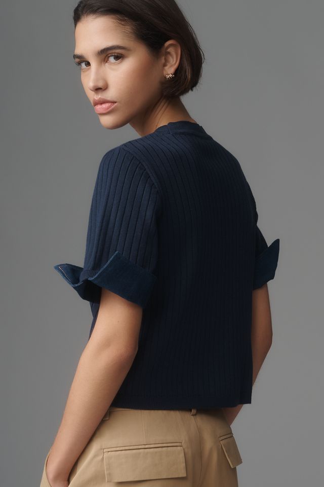 Maeve Fitted Mixed-Media Denim Cuffed Short-Sleeve Sweater #2