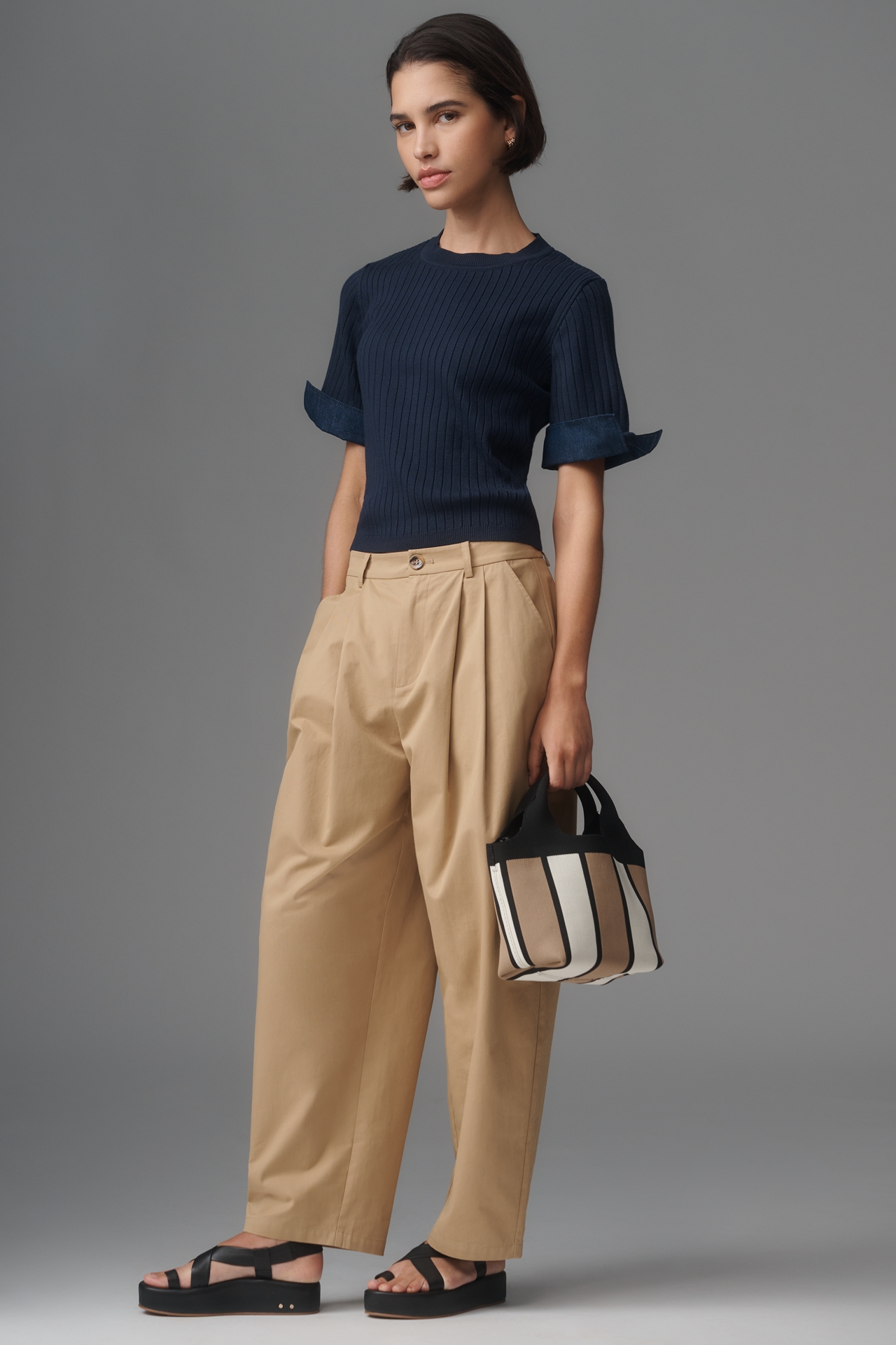 Maeve Fitted Mixed-Media Denim Cuffed Short-Sleeve Sweater