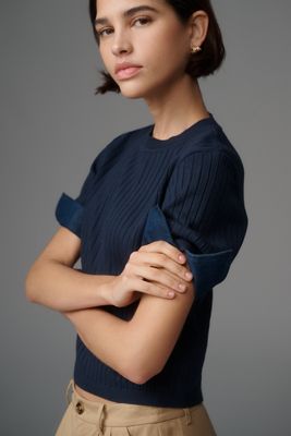 Maeve Fitted Mixed-Media Denim Cuffed Short-Sleeve Sweater