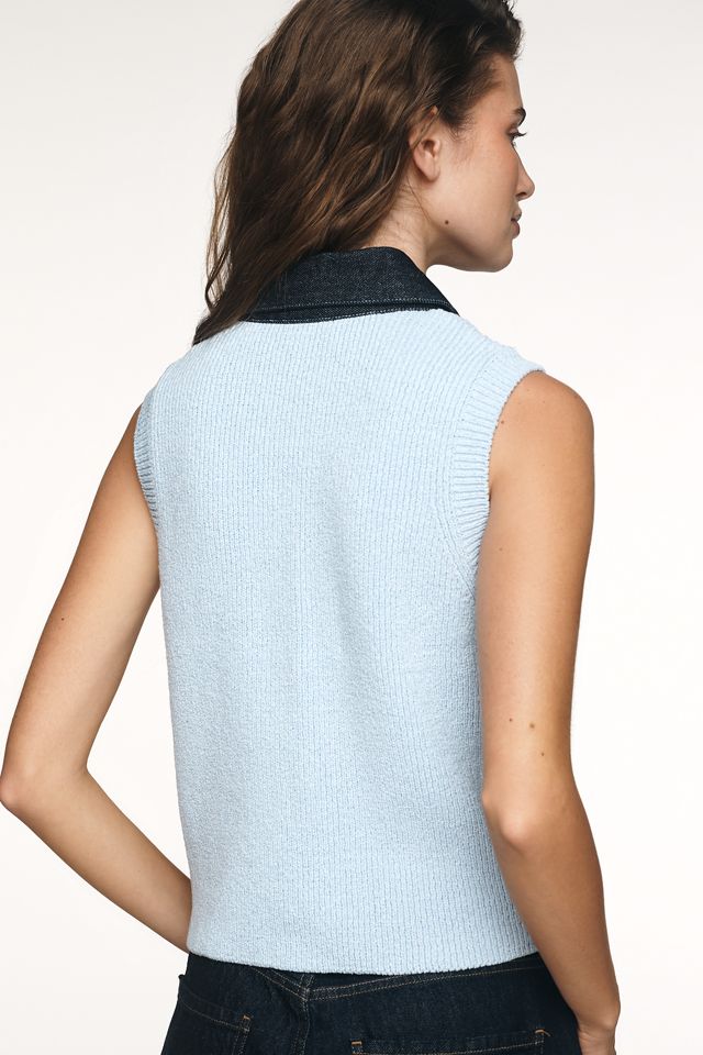 Maeve Sleeveless Denim Mixed-Media Sweater Vest #1