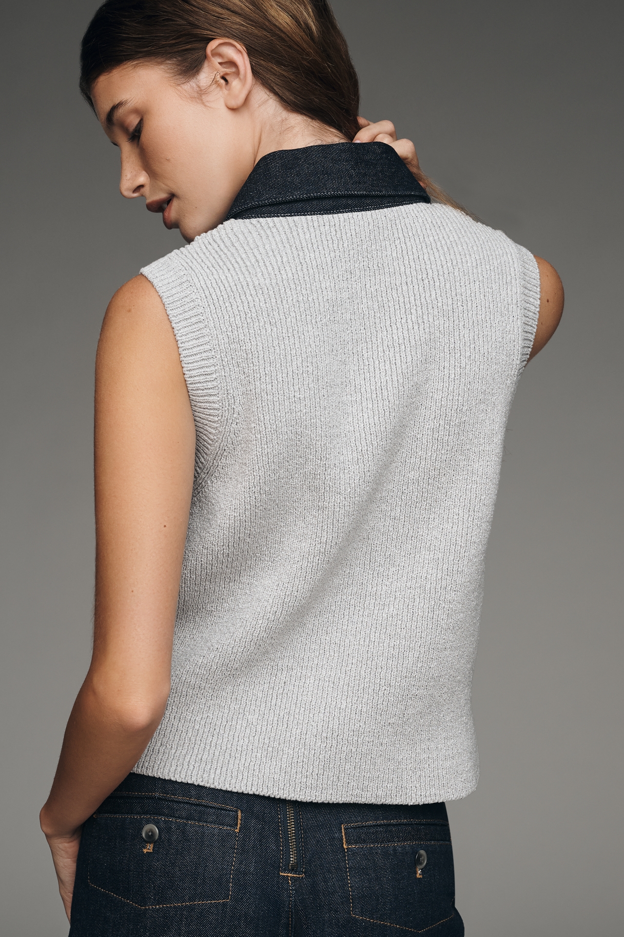 Maeve Sleeveless Denim Mixed-Media Sweater Vest