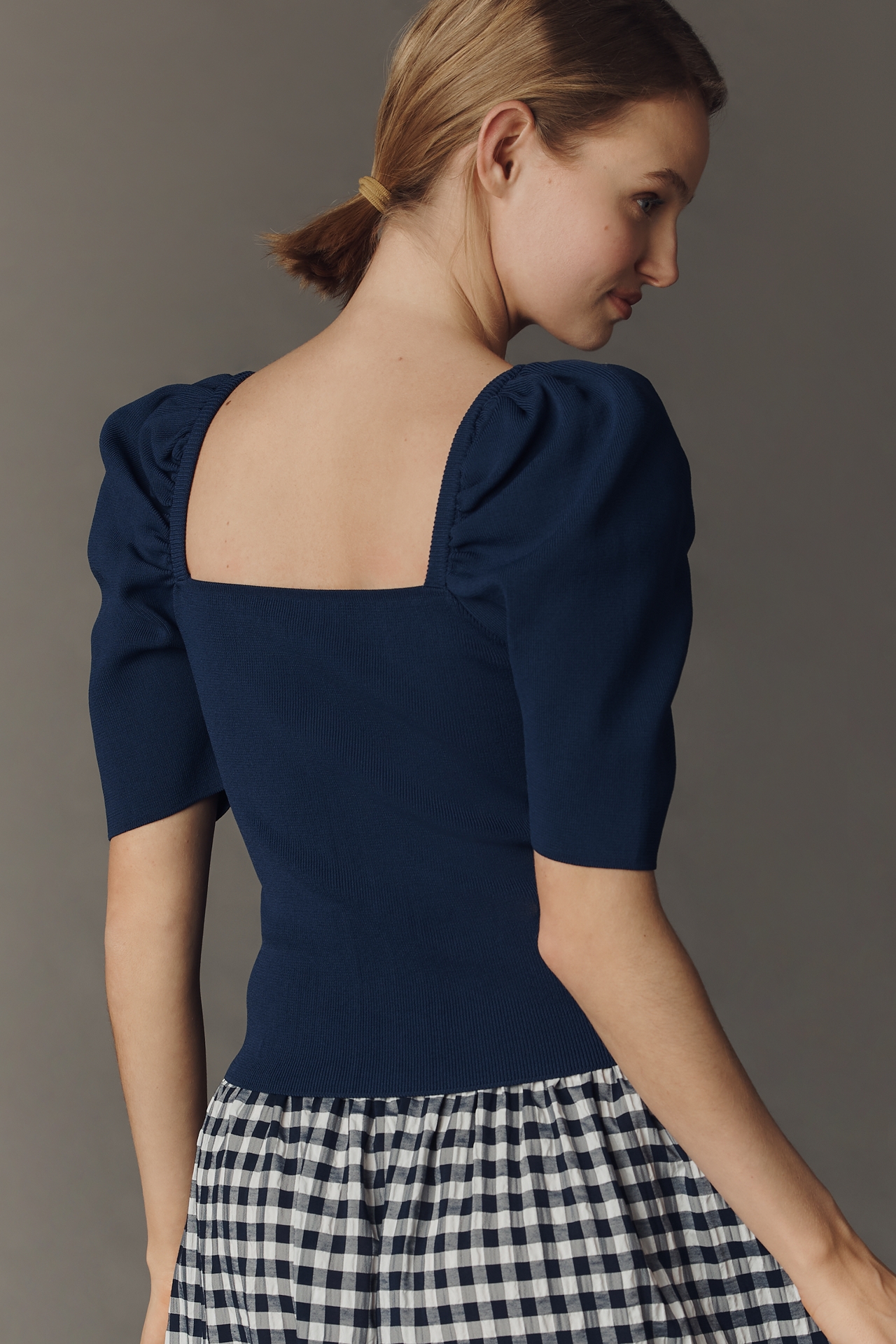 Maeve Square-Neck Puff-Sleeve Cardigan Sweater