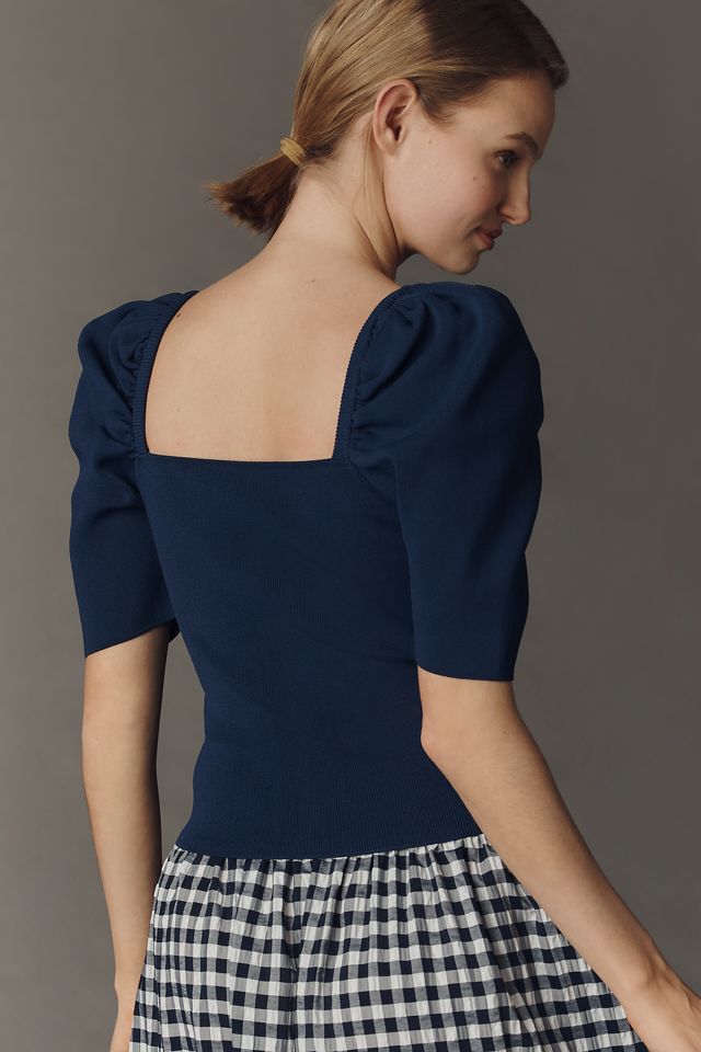 Maeve Square-Neck Puff-Sleeve Cardigan Sweater #3