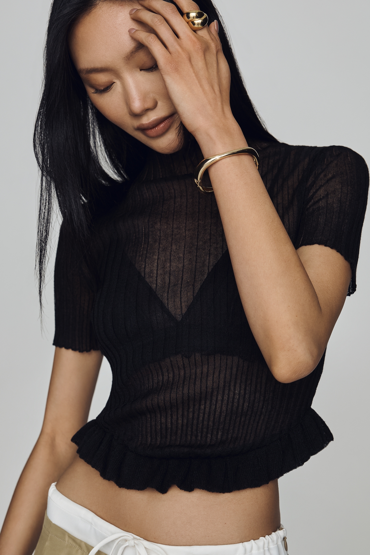 By Anthropologie Semi-Sheer Ruffle-Hem Sweater