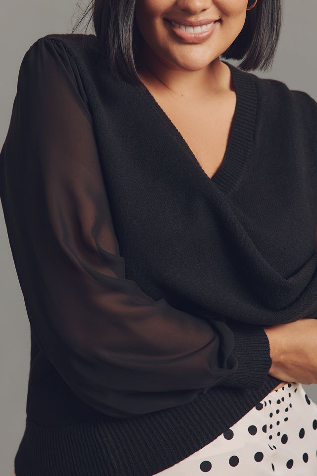 Eloquii Plus Chiffon-Sleeve V-Neck Sweater #1