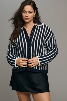 Eloquii Plus Collared Cardigan Sweater In Blue