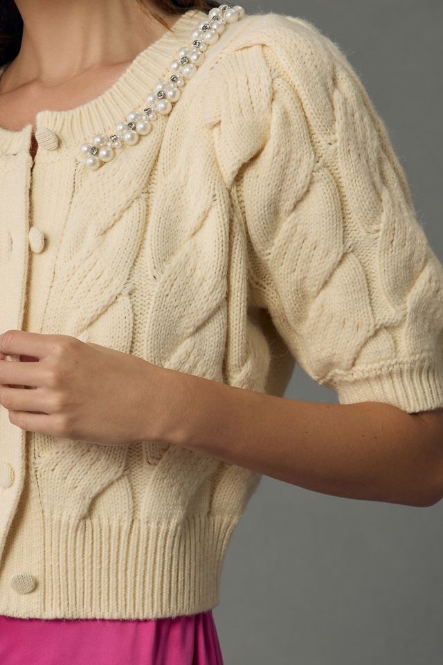 MABLE Pearl Detail Cable Cardigan Sweater #1