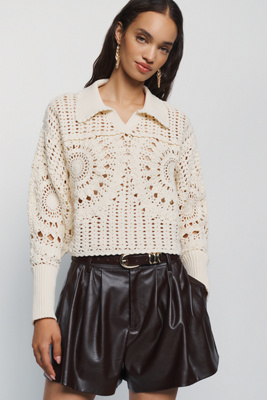 Farm Rio 100% Cotton Crochet Polo Sweater by Anthropologie
