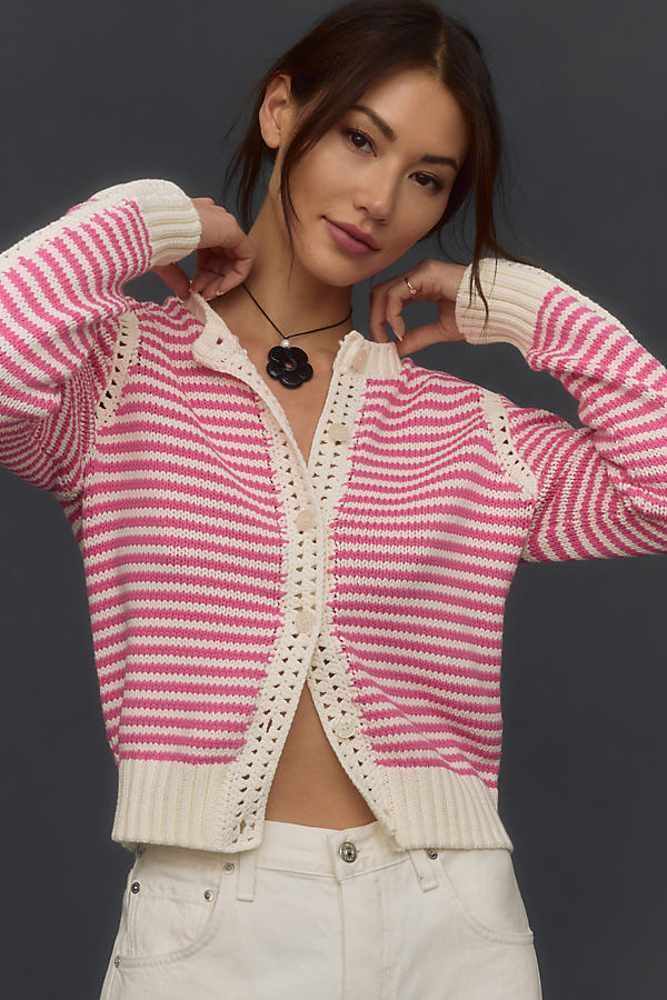 Michael Stars Striped Cardigan Sweater In Pink