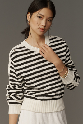 Michael Stars Merle Striped Crew-neck Sweater In Black