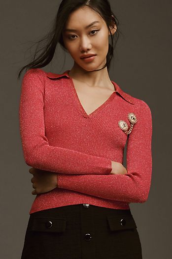 Maeve V-Neck Lurex Polo Sweater