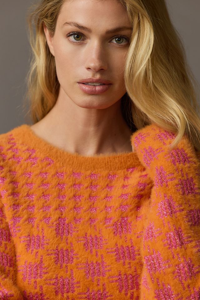 Maeve Houndstooth Fuzzy Cropped Sweater | Anthropologie