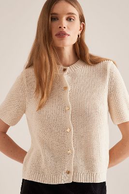 MAEVE SHORT-SLEEVE BUTTON-FRONT CARDIGAN SWEATER 