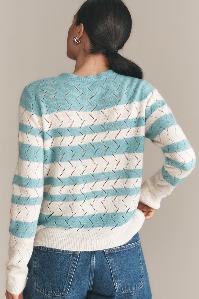 Essentiel Antwerp Hinkel Long-Sleeve Striped Floral Embroidered Open-Knit Sweater #1
