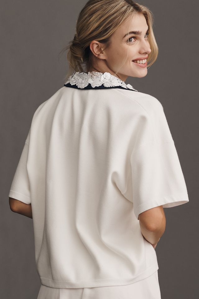 Essentiel Antwerp Hoiseau Short-Sleeve Collared V-Neck Floral Sequin Sweater #1