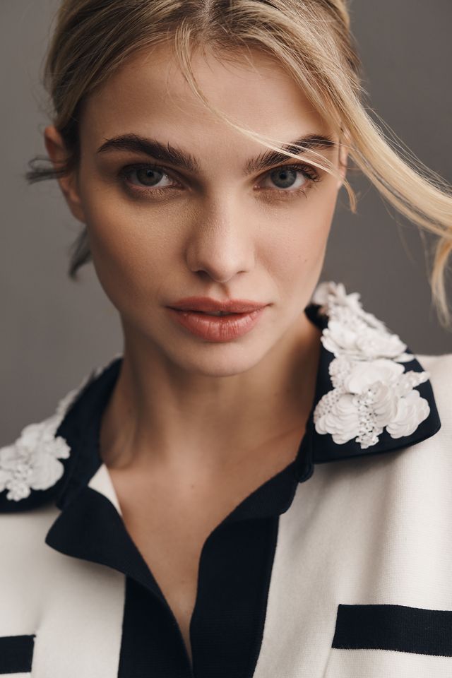 Essentiel Antwerp Hoiseau Short-Sleeve Collared V-Neck Floral Sequin Sweater #3