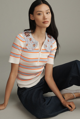Essentiel Antwerp Iota Short-sleeve Collared Sweater In Multi