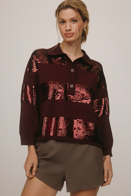 Essentiel Antwerp Illuminati Sequin-striped Polo Shirt In Burgundy