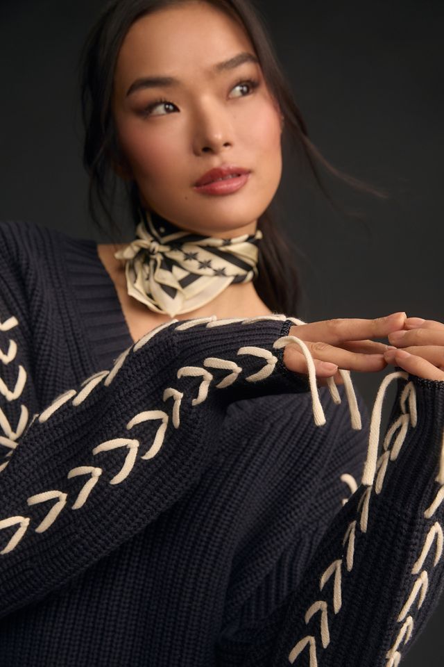 Scotch & Soda V-Neck Lace-Sleeve Sweater | Anthropologie