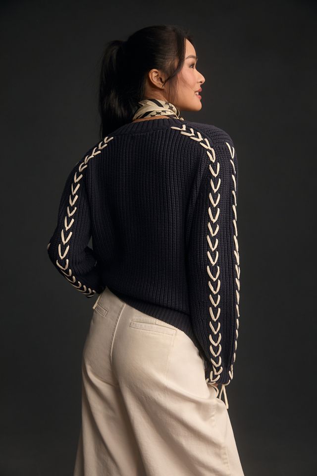 Scotch & Soda V-Neck Lace-Sleeve Sweater | Anthropologie