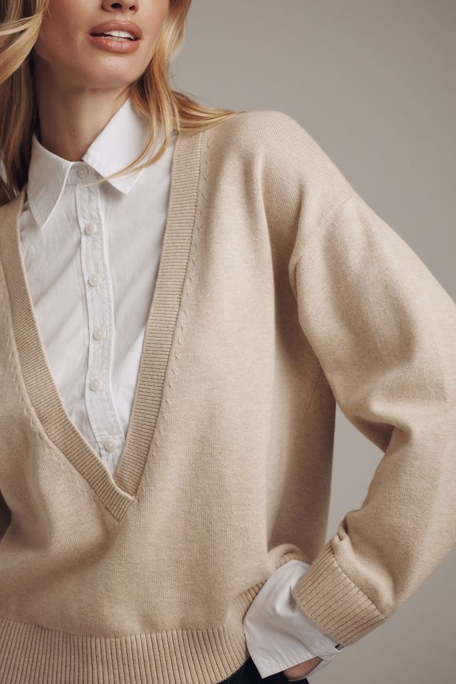 Derek Lam 10 Crosby Rida Long-Sleeve Deep-V Mixed-Media Sweater #1