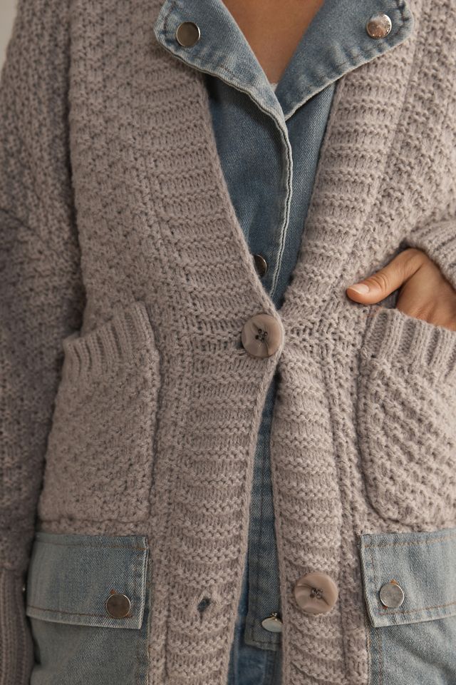 Another Mode Denim Patchwork Twofer Cardigan Sweater | Anthropologie