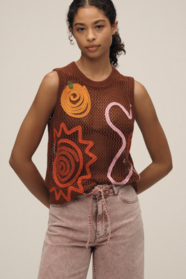 Lingua Franca Onar Appliqué Open-knit Sweater Vest In Brown