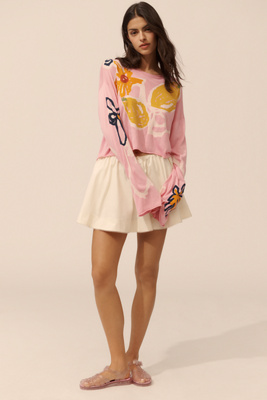 Lingua Franca Reina Silk Blend Crew-neck Bell-sleeve Cropped Lemon Motif Sweater