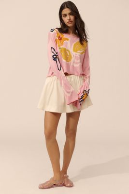 Lingua Franca Reina Silk Blend Crew-Neck Bell-Sleeve Crop Lemon Motif Sweater