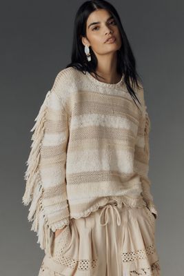 Lingua Franca Marathi Crew-Neck Fringe Sweater
