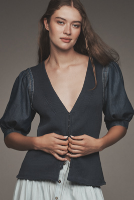 Pilcro Puff-Sleeve V-Neck Cardigan